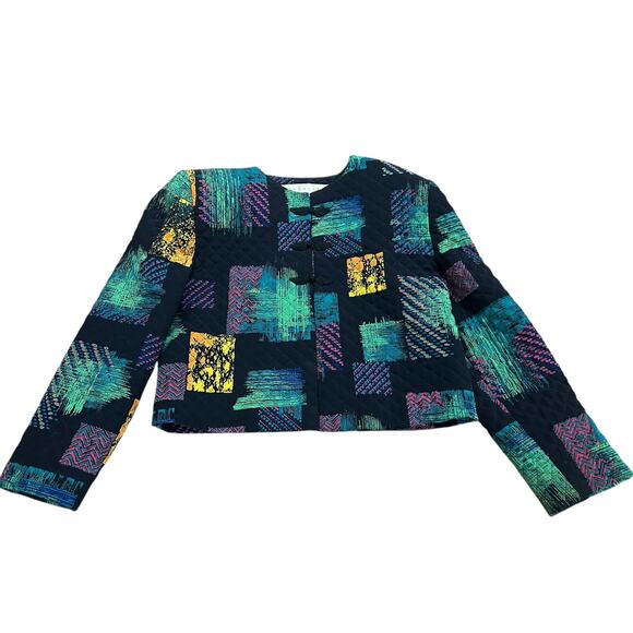 Vintage Quilted Patchwork Crop Jacket Geometric Print Cropped Coat | Size 8 - - Picture 1 of 5